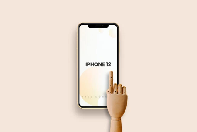 Iphone 12 With Wooden Hand Free Mockup